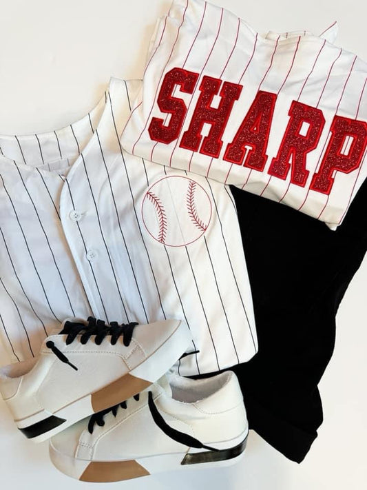 BASEBALL PINSTRIPE BUTTON DOWN PERSONALIZED WITH APPLIQUÉ EMBROIDERY *YOUTH